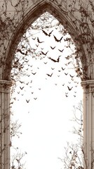 Dark, haunting Gothic arch with sinister bats and tangled vines offers a perfect element for Halloween or dark fantasy scenes, presented vertically to emphasize its eerie, mysterious vibe and gothic