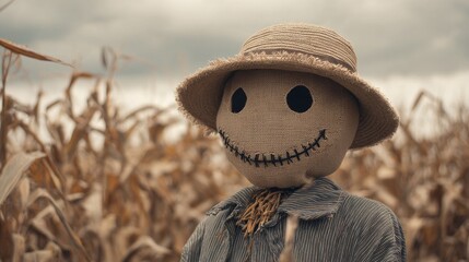 Celebrate Halloween with a retro-style scarecrow standing in a cornfield, combining vintage futuristic aesthetics, autumn harvest details, rural scenery, and a spooky backdrop perfect for seasonal