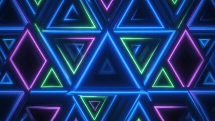 Vibrant neon geometric pattern with glowing triangles and abstract shapes in a dark background - Powered by Adobe