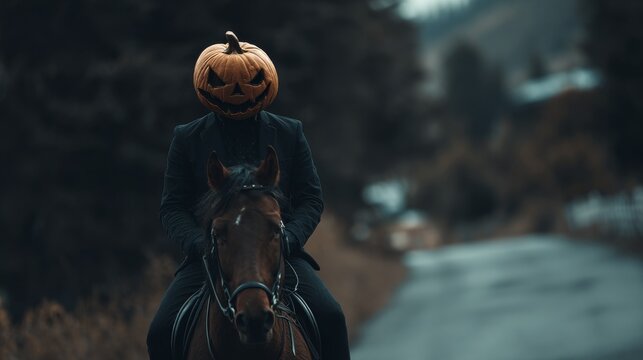 Eerie Halloween: Pumpkin-headed Figure Ride Horse Through Dark Landscape. Spooky, Surreal Scene Perfect For Seasonal Themes, Fantasy Concepts, And Unique Visual Storytelling - Powered by Adobe