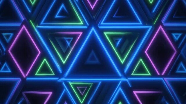 Vibrant neon geometric pattern with glowing triangles and abstract shapes in a dark background