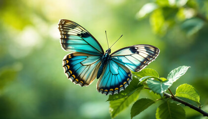 Obraz premium A Beautiful Turquoise Butterfly with Intricate Wing Patterns Rests on a Branch Surrounded by Lush Green Foliage in Soft Sunlight