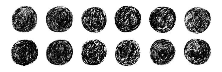Black round shapes set with chalk, charcoal texture. Hand drawn scribble wax crayons circles. Doodle grunge design elements set. Vector illustration isolated on transparent background