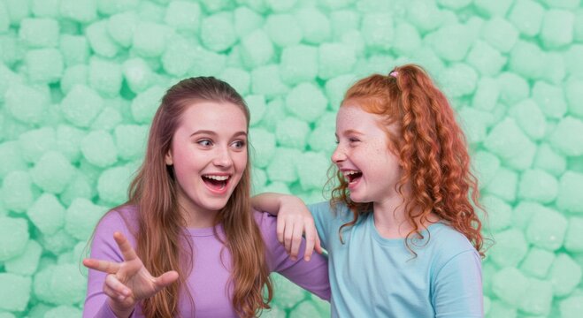 Two teenage girls laughing and having fun against a green background   - Powered by Adobe