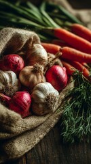 Explore a rustic setting with fresh carrots, onions, and garlic, inspiring culinary adventures and healthy lifestyle concepts by celebrating farm-fresh produce and simple, natural ingredients for