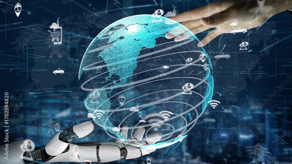 Poster a striking visual representation of artificial intelligence interacting with a digital globe, symbol