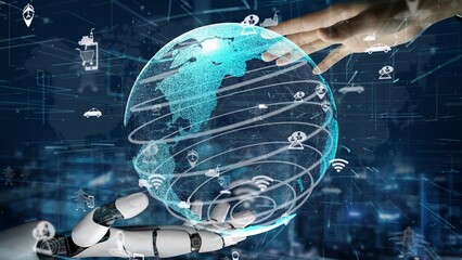 A striking visual representation of artificial intelligence interacting with a digital globe, symbolizing global connectivity and the future of technology innovations. Xenic