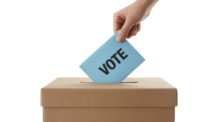 Hand puts blue envelope into vote box isolated on transparent background
