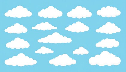 Cartoon clouds against a light blue sky.  Simple, flat design.  Many different shapes of clouds