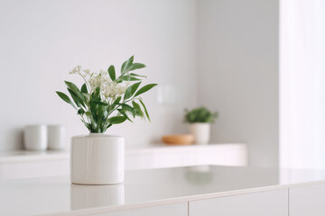 minimalist still life featuring clean white background complemented by green plants and ar blurred white text bars
