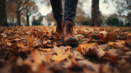 Experience autumn's charm with boots crunching over fallen leaves in a scenic park, evoking feelings of travel, change, and seasonal beauty. Ideal for fall fashion showcases or outdoor adventure