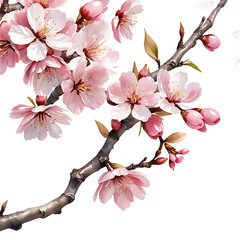 Delicate pink cherry blossoms bloom on a dark branch against a stark black background