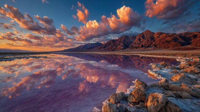 Vibrant sunset over a lake with mountainous backdrop, reflective water, white crystalline rocks, rugged barren peaks,