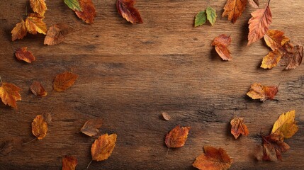 Colorful autumn leaves arranged on textured rustic wood background, capturing the essence of fall and Thanksgiving, suitable for seasonal decoration concepts with designated space for text or quotes.