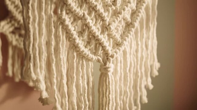 Close-up of intricate, handcrafted macrame textile with hanging threads and tassel detail