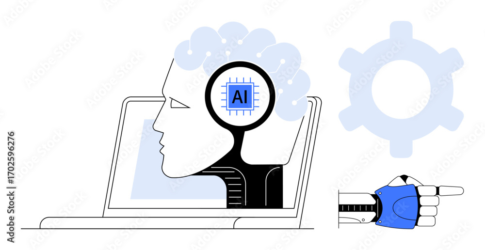 Poster human head silhouette with ai microchip, robot hand pointing, laptop, and gear symbol in a technolog