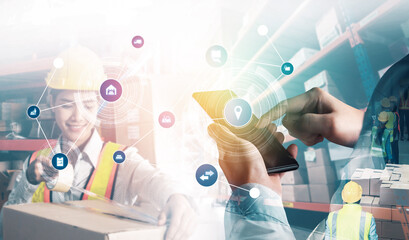 Fototapeta premium Smart warehouse management system with innovative internet of things technology to identify package picking and delivery . Future concept of supply chain and logistic network business .