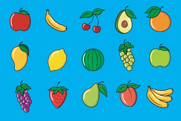 Vector Fruit Set Minimal Icon Cartoonist Style Fruits On Blue Background Vector Illustration