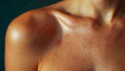 Fototapeta premium Close up of a Persons Shoulder and Collarbone Area Showing Red Bumps and a Bruise