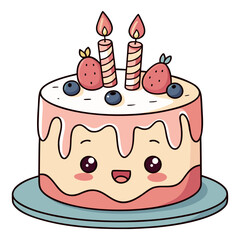 Cute Kawaii Birthday Cake with Candles – Cartoon Dessert Illustration for Party and Celebration Design
