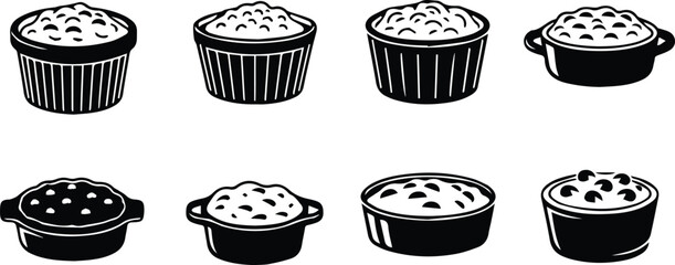  a set of souffle vector icons the icons are in black and white and show the souffle in different ramekins for use in graphics and designs related to food and dessert