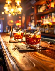 Two whiskey drinks on a bar top