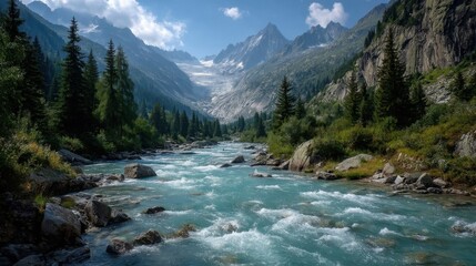 Obraz premium A breathtaking mountain landscape with towering peaks, lush green valleys, and a clear blue sky,