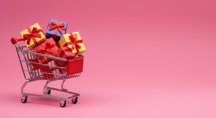 Shopping cart full of colorful gift boxes