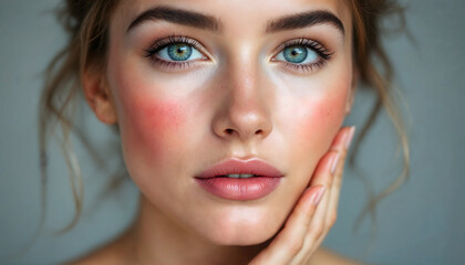 Close up Portrait of a Young Woman with Striking Blue Eyes and Pink Blushed Cheeks, Her Hand Gently Touching Her Face