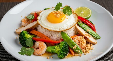 Savory Asian stir fry with chicken shrimp vegetables and a fried egg on rice.