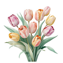 A beautiful watercolor painting of a vibrant bouquet of tulips in various pastel shades against a black background