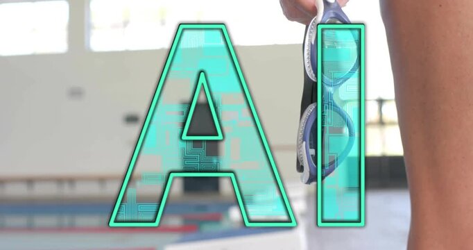 Woman reaching for blue goggles poolside, aligning them with AI overlay for swim tech demo