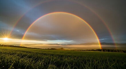 Obraz premium A breathtaking double rainbow arches over a dewy field at sunrise, illuminating the landscape with vibrant colors.