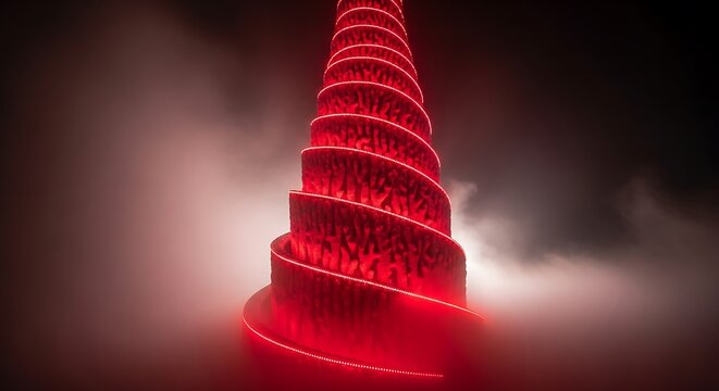 Abstract illuminated conical sculpture radiates vibrant crimson hues in fog