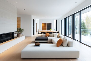 Beautiful Apartment, Sofa, Chair, Dining Table wall Mockup Interior design of modern living room