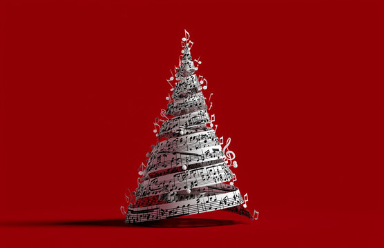 stylized christmas tree made of lights and satars ballons in a white and red color scheme,
