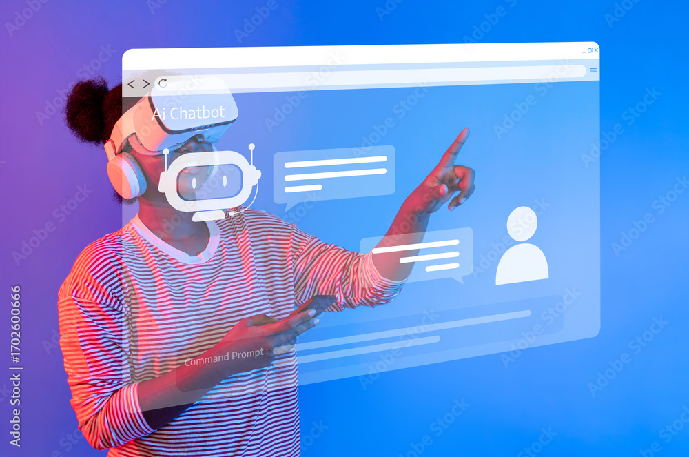 Aufkleber a young user interacts with a virtual ai chatbot while wearing a vr headset, showcasing the fusion o