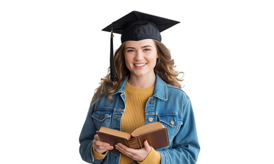 Gorgeous woman wearing graduation hat and holding book isolated on transparent background