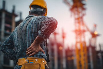 Construction worker suffering from back pain on a construction site, showcasing the challenges of manual labor