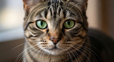 Close-up view of a tabby cat's expressive face, showcasing its striking emerald-green eyes and intricate markings.