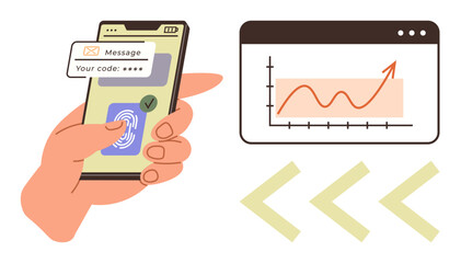 Hand using fingerprint scanner on smartphone with password notification, next to graph of upward trend. Ideal for security, technology, analytics, authentication, finance, success data. Simple flat