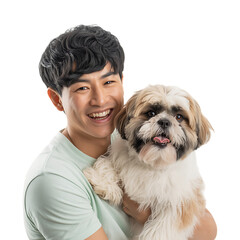Chinese young man holding puppy isolated on transparent background