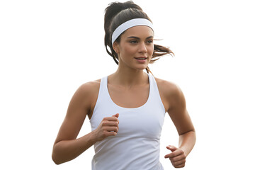 Smiling fitness woman running isolated on transparent background
