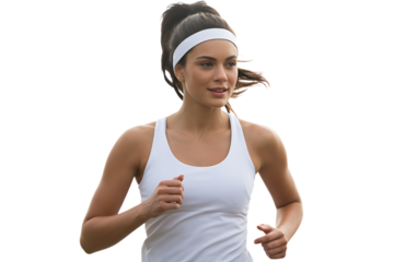 Smiling fitness woman running isolated on transparent background