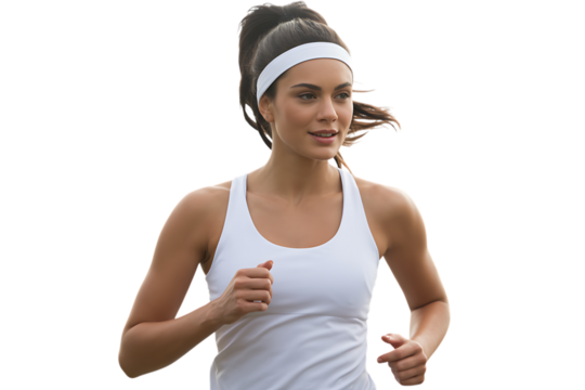 Smiling fitness woman running isolated on transparent background