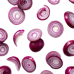 Close-up of many sliced red onions, various sizes and shapes, against a black background.  They appear to be floating or falling
