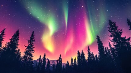 Fototapeta premium Vibrant aurora borealis dancing in the night sky above a silhouette of pine trees and mountains