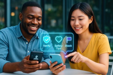 Engaging communication between friends urban setting digital interaction informal environment close-up view safety and verification tips