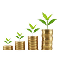 Growing green plants sprout from stacks of gold coins isolated on transparent background