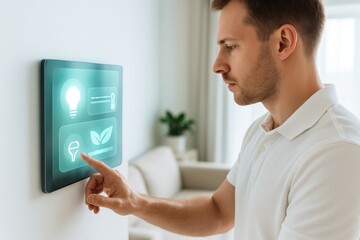 Innovative smart home control modern apartment digital interface indoor space side view technology integration for energy efficiency